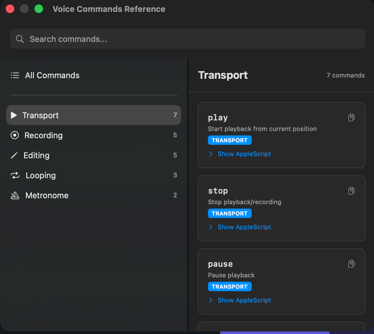 Logic Commander voice commands