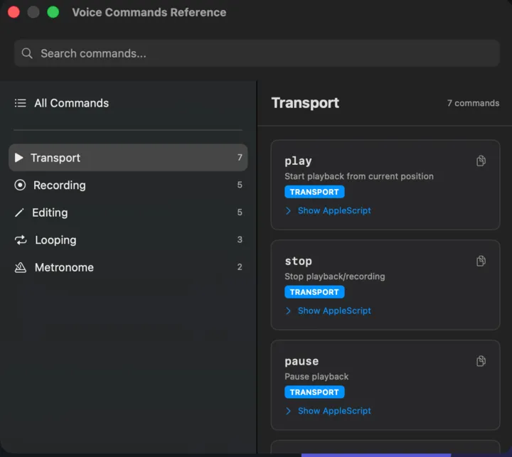Logic Commander voice commands