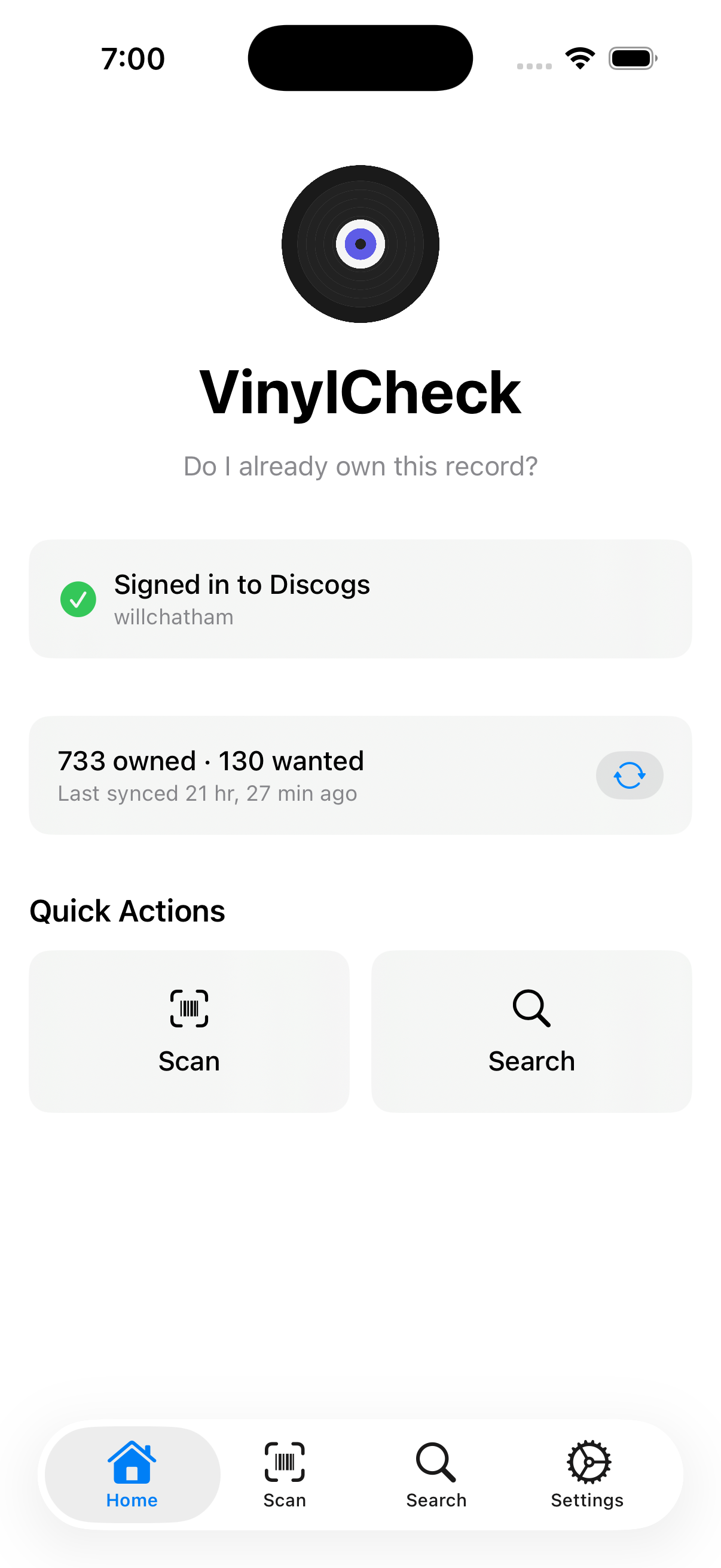VinylCheck home screen